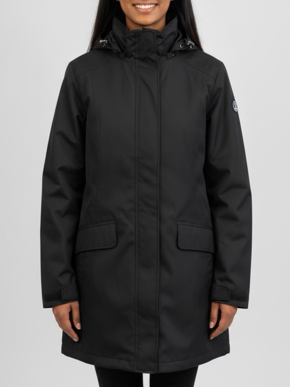 Lands' End Women's Black Hooded Trench Coat Sz XL Waterproof Coat